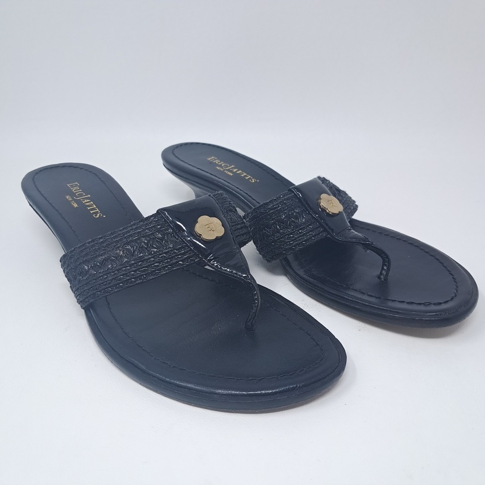 Eric Javits Black Woven Thong Logo Kitten Heel Slide In Sandals Size 7.5 N Italy